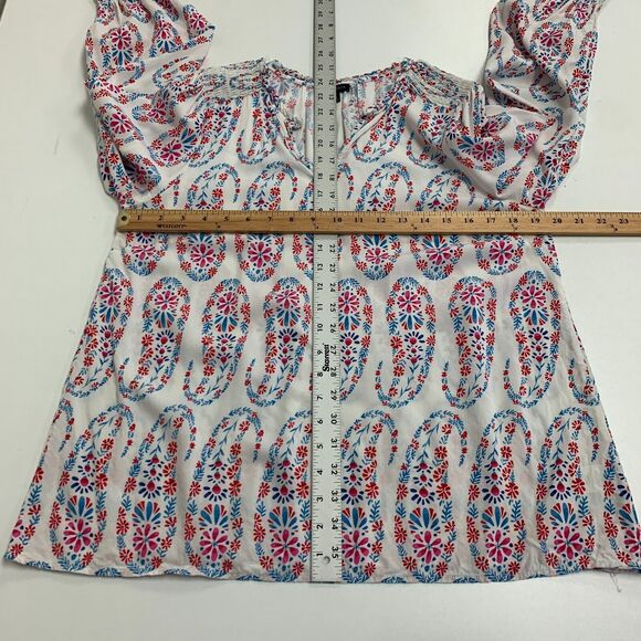 Talbots Blouse Womens M Medium White Blue Shirred Notch Floral Peasant Paisley - Picture 8 of 14